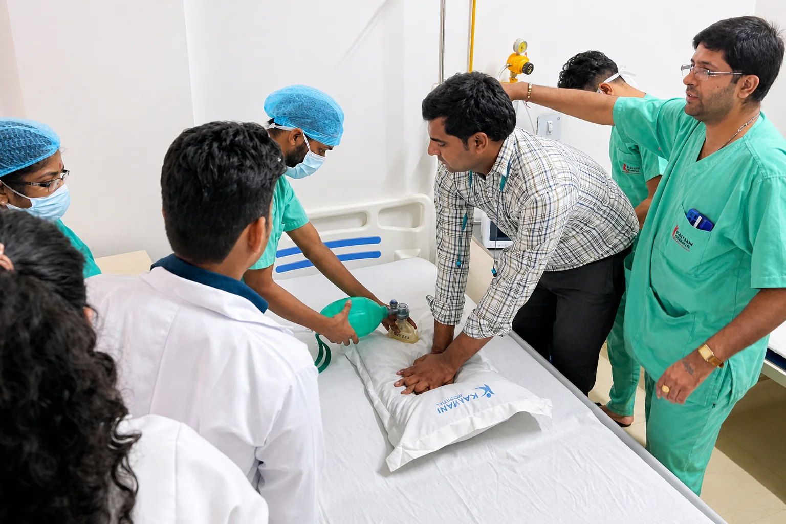 Hospital team practising a bedside clinical simulation
