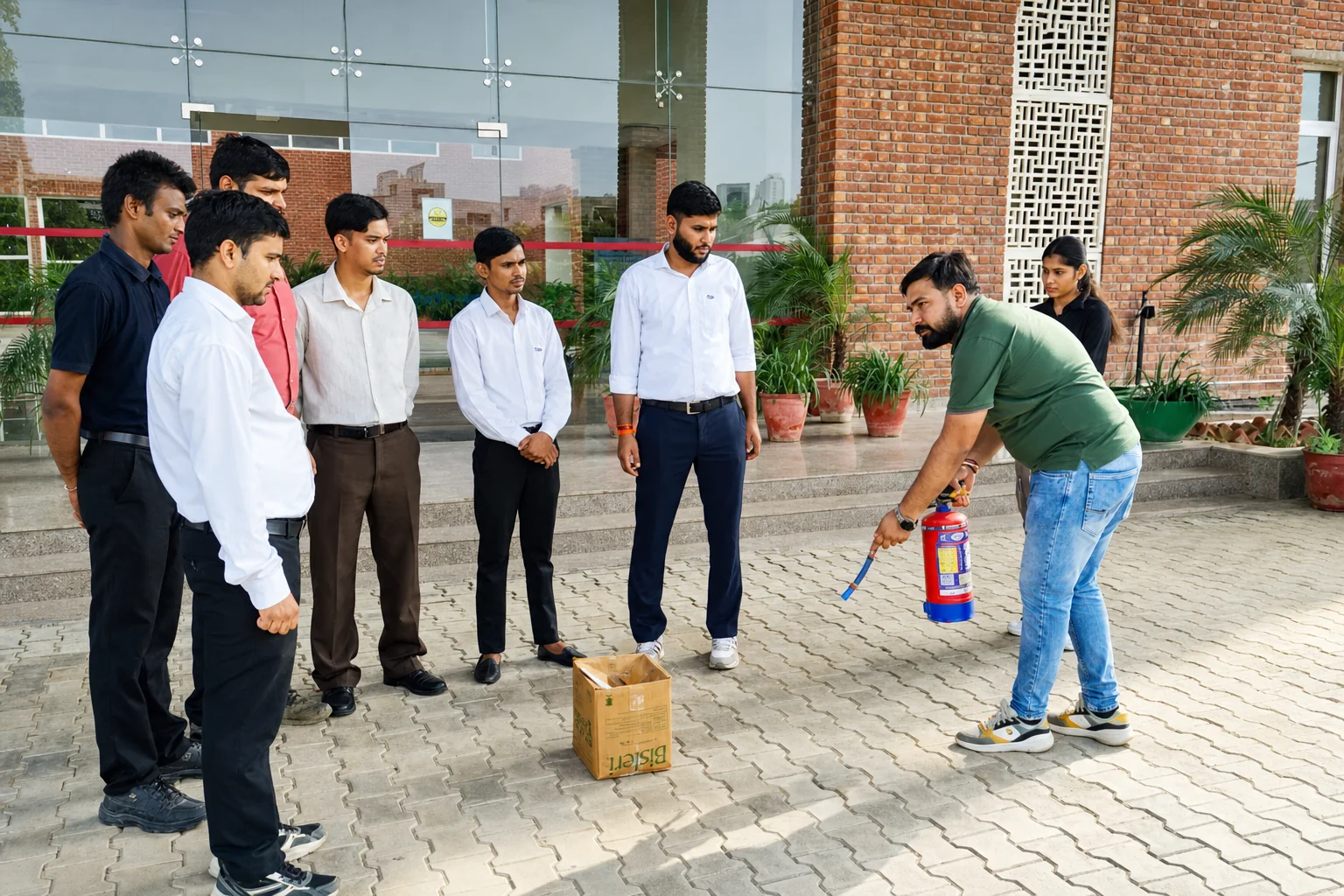 Team taking part in a practical fire extinguisher demonstration